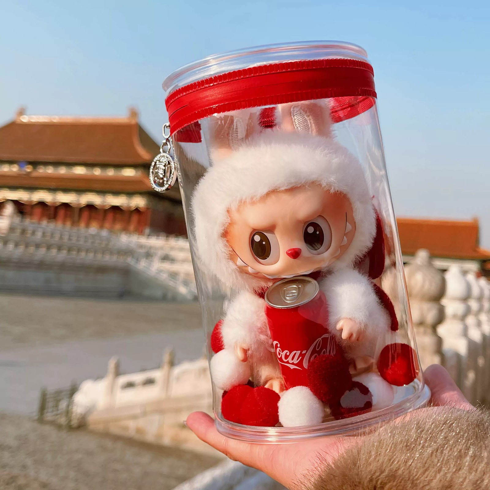 Labubu Cylindrical Transparent Display Bag with Keychain 19cm/7.5in High Suitable for Coca Cola Series