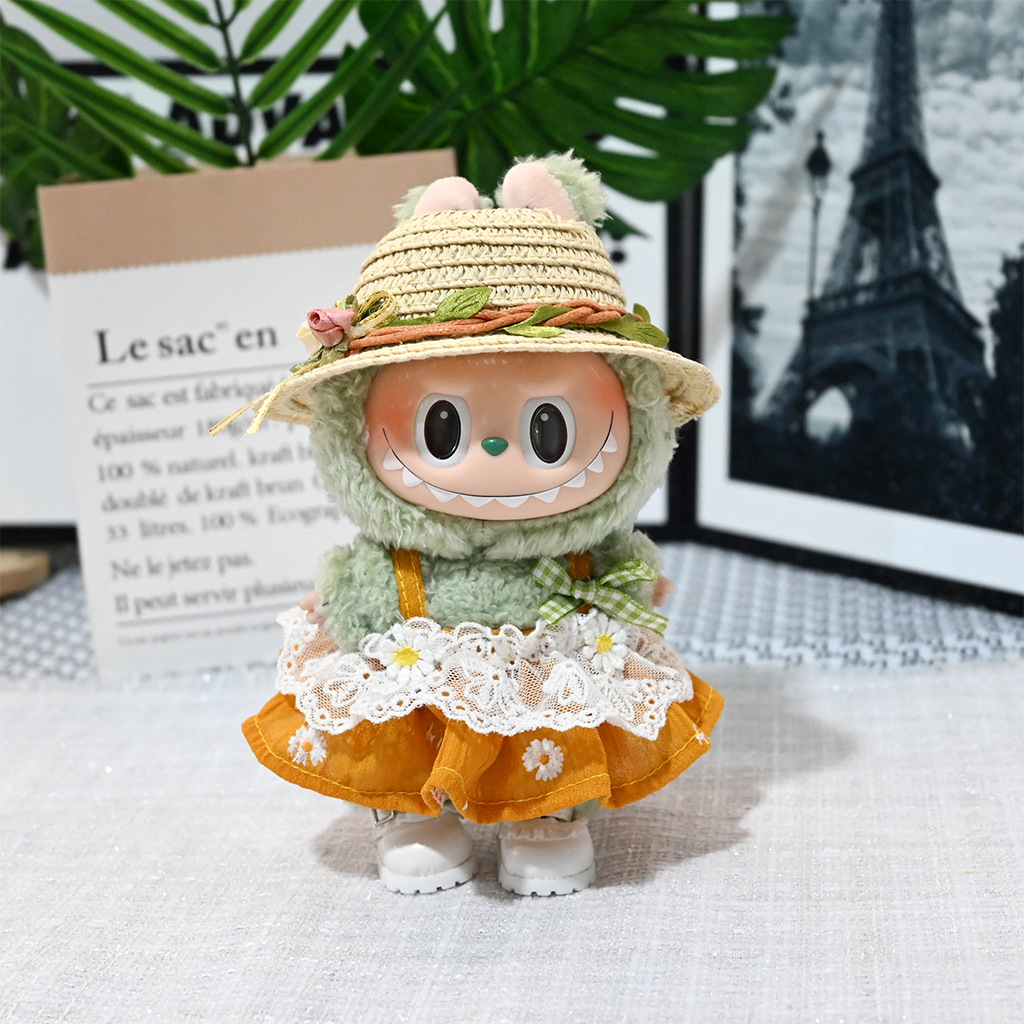 Labubu Lace Dress & Straw Hat Outfit – Handmade Clothes for 17CM/6.7IN Dolls