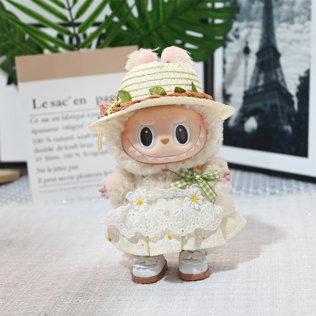 Labubu Lace Dress & Straw Hat Outfit – Handmade Clothes for 17CM/6.7IN Dolls