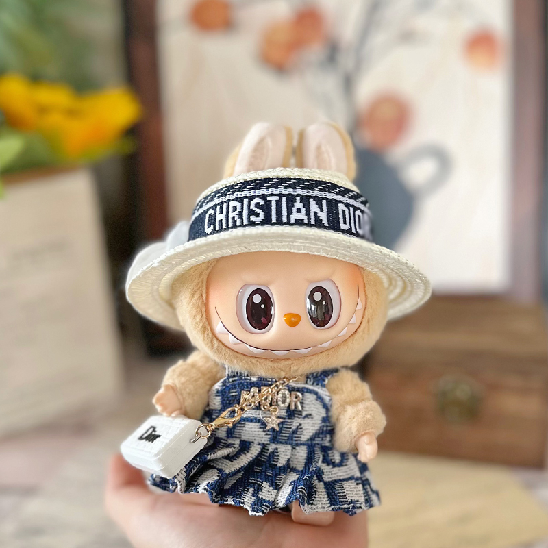 Labubu Elegant Blue Outfit Set – Handmade Dress, Hat & White Crossbody Bag