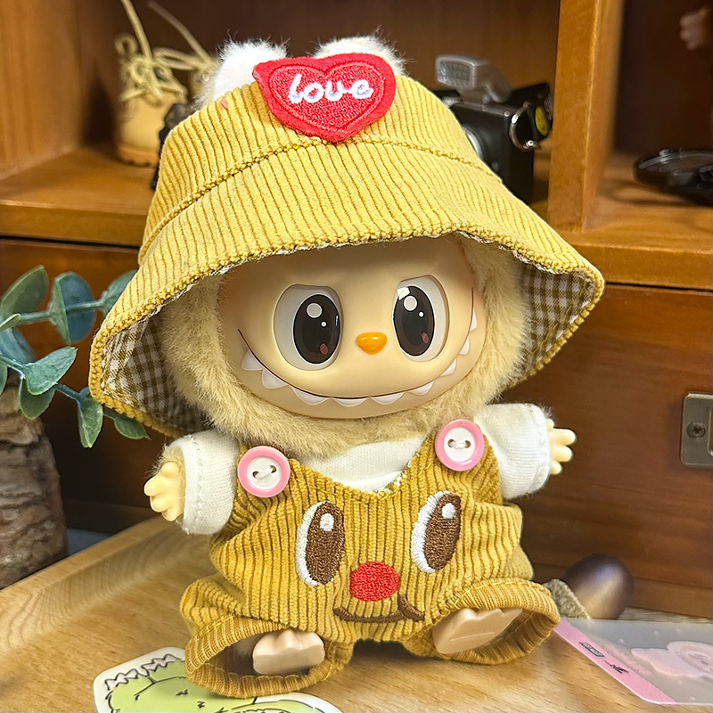 Labubu Cute Bear Overalls Outfit Set – Cute T-Shirt, Hat & Corduroy Pants for 17CM/6.7IN Dolls