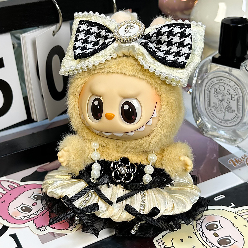 Labubu Pearl Strap Outfits – Elegant Dress & Matching Bow for 17CM/6.7IN Dolls