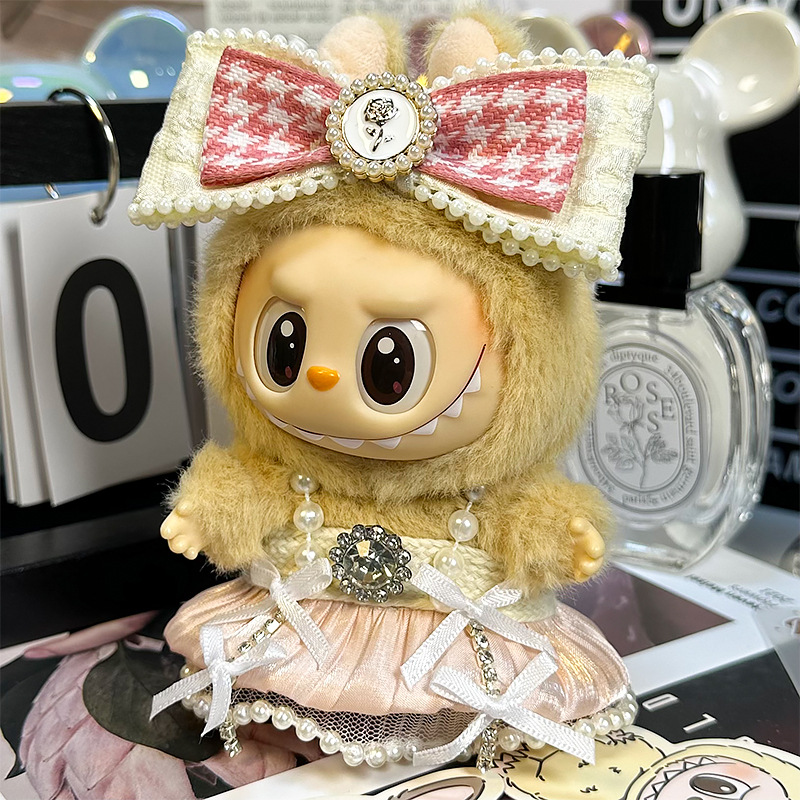 Labubu Pearl Strap Outfits – Elegant Dress & Matching Bow for 17CM/6.7IN Dolls