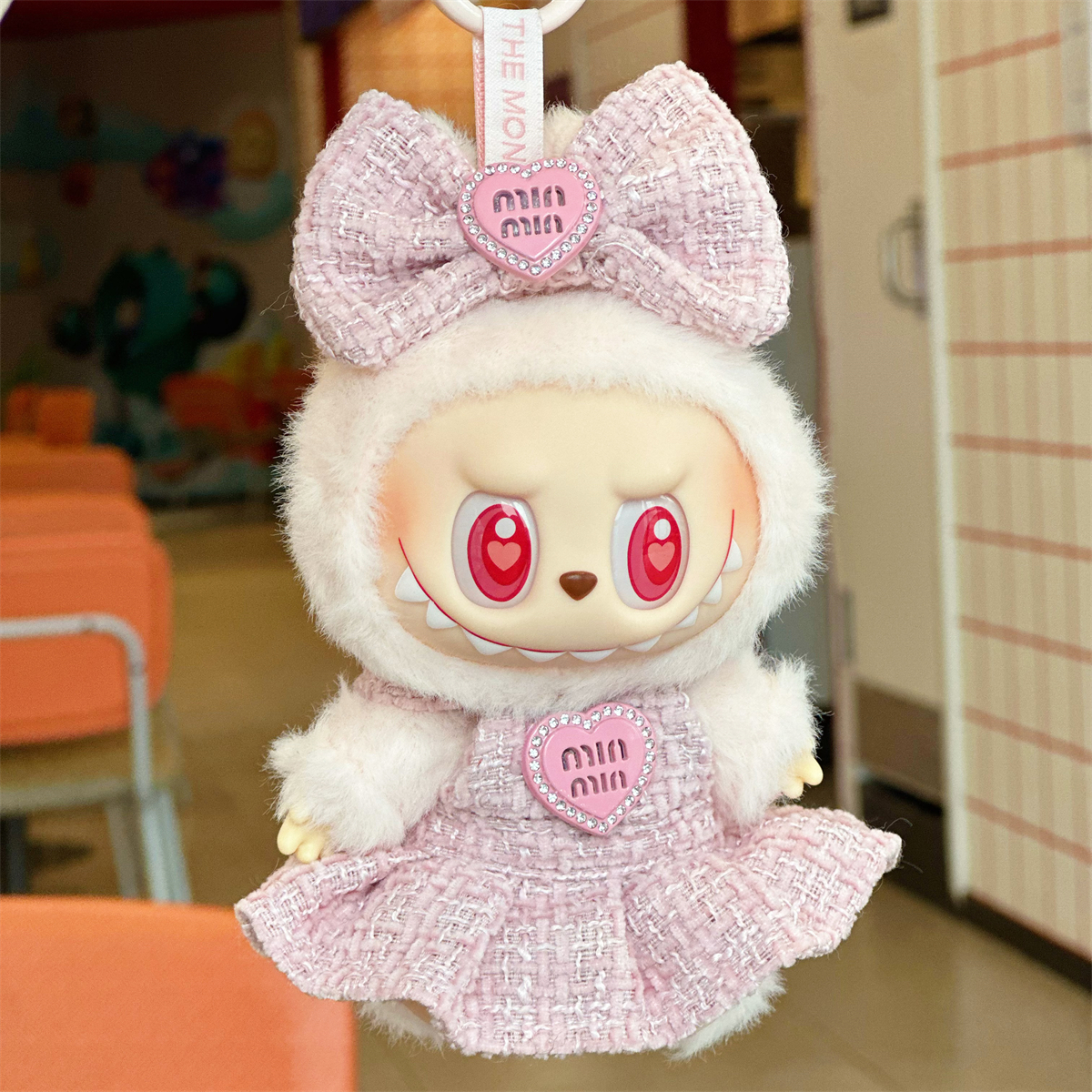 Labubu Pink Dress Outfit Set – Handmade Clothes with Bow Headpiece for 17CM Dolls